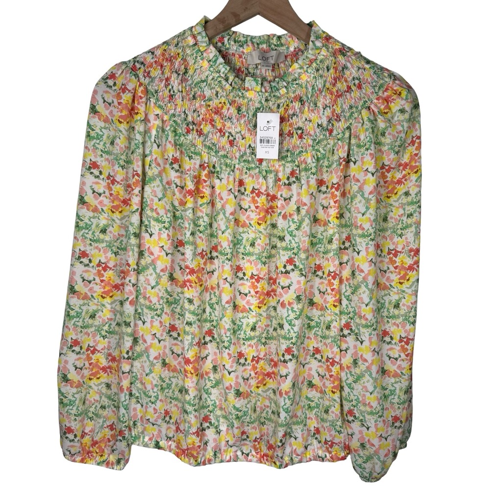 LOFT Floral Smocked High Neck Blouse XS NWT Pink Yellow Green Long Sleeve Top - Picture 3 of 6